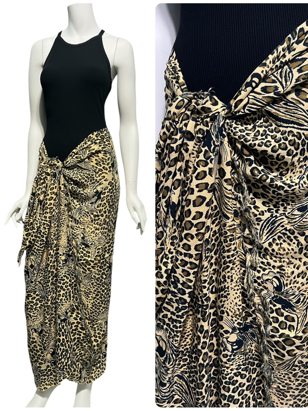 Leopard Animal Print Fringe End Self Tie Sarong Swim Cover Up